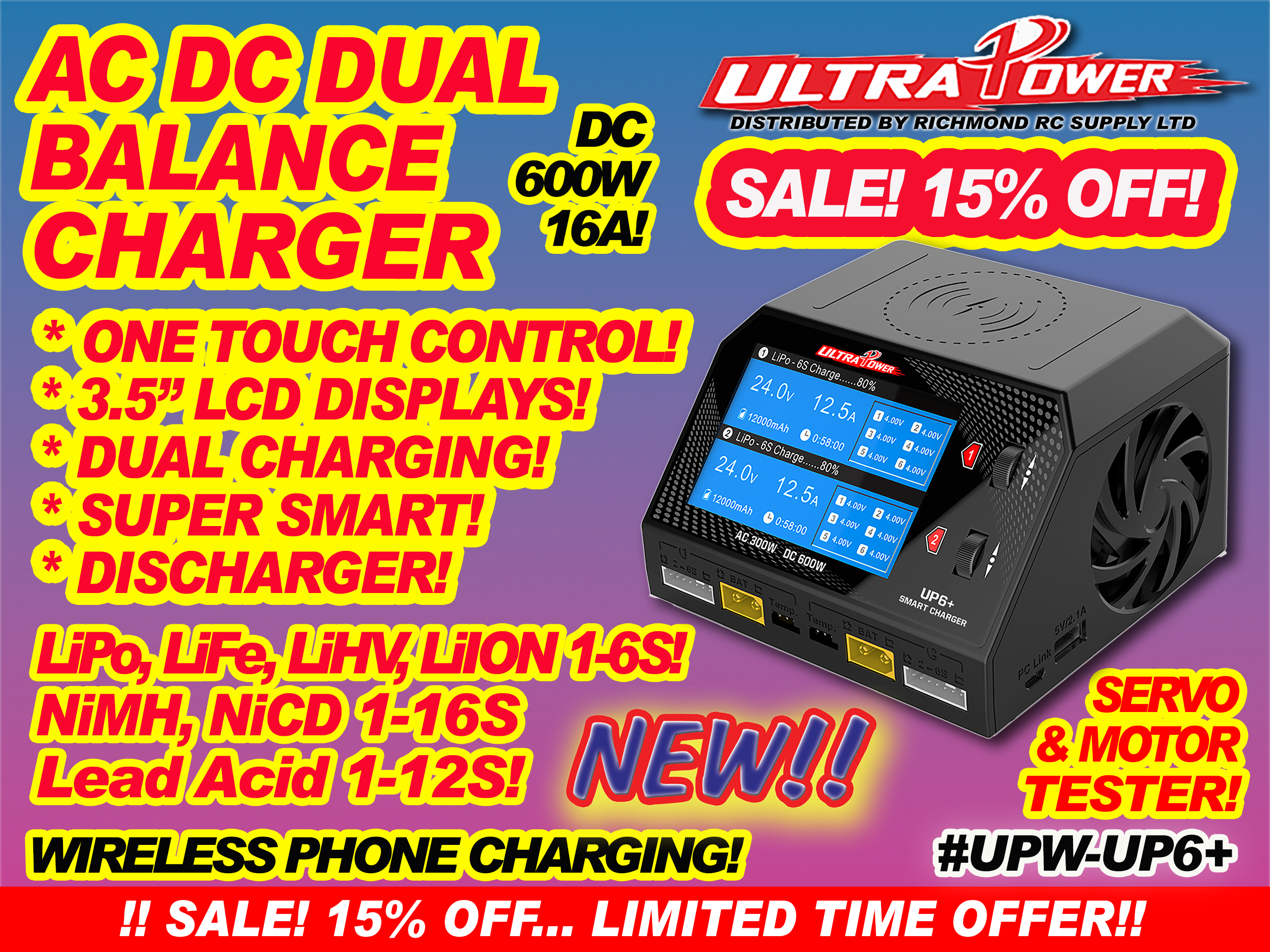 ULTRA POWER CHARGER - AC-DC, 600W 16A DUAL w/LCDx2  [ 91907]