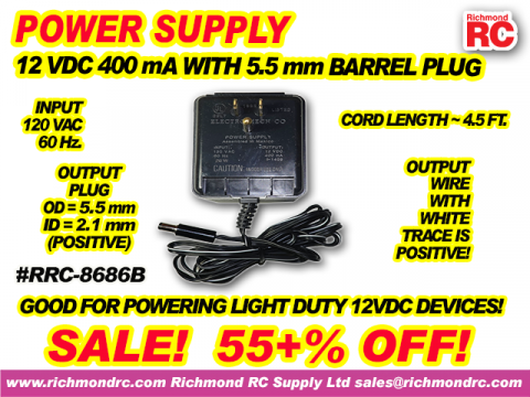 POWER SUPPLY 12VDC 400mA w/BARRL CONNCTR 5.5/2.1mm