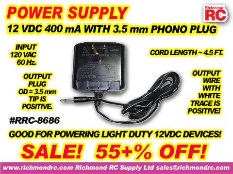 POWER SUPPLY 12VDC 400mA WITH PHONO PLUG OD=3.5mm