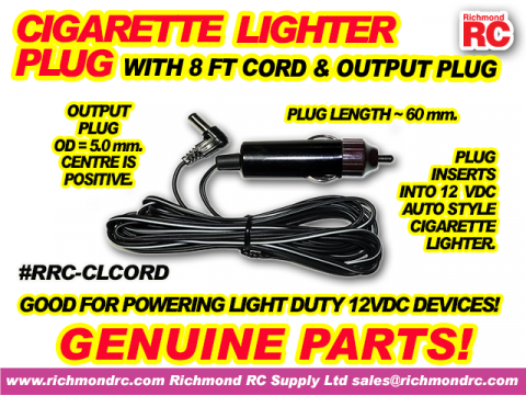 CIGARETTE LIGHTER PLUG WITH 8FT CORD & 5MM OD PLUG