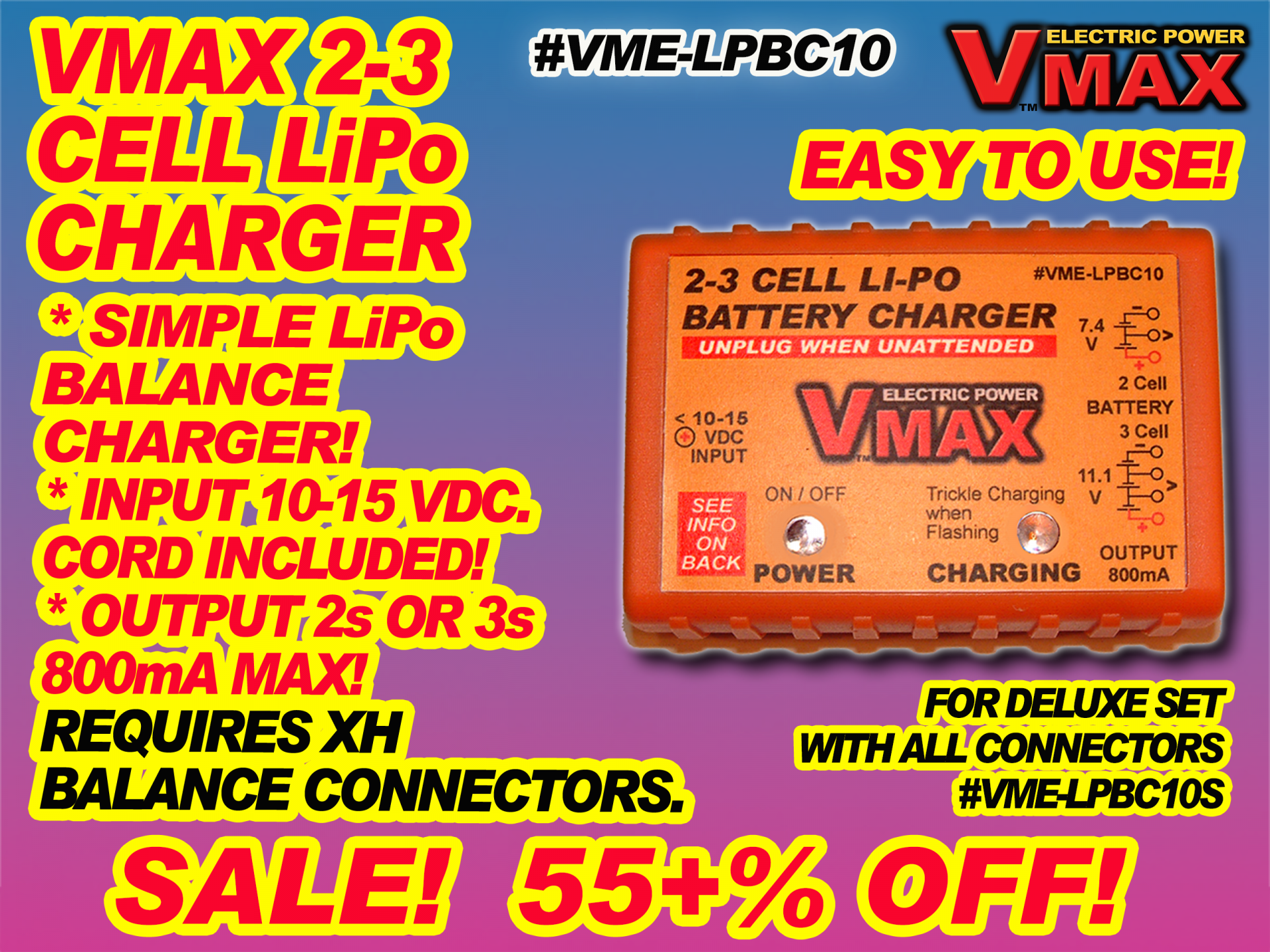VMAX 2-3 CELL LIPO CHARGER, 800mA MAX