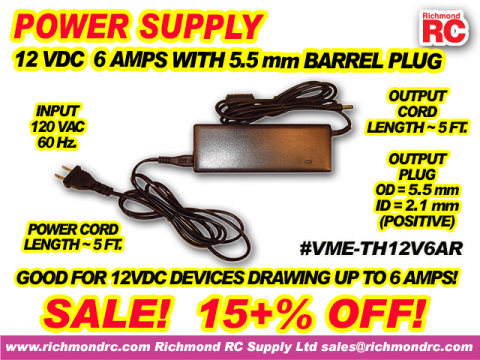 POWER SUPPLY 12VDC 6A w/BARREL CONNECTOR 5.5/2.1mm