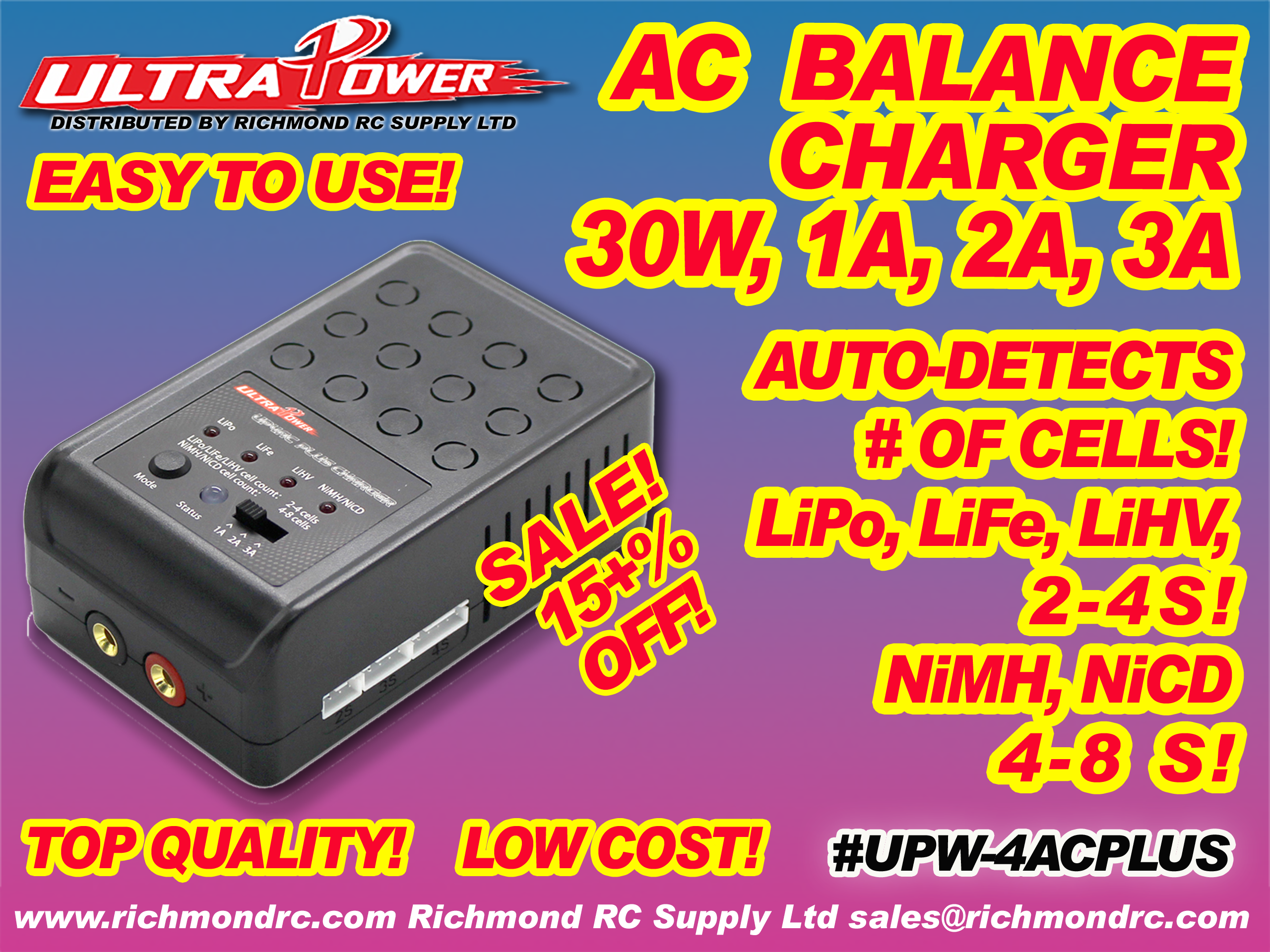 ULTRA POWER CHARGER - AC, 30W, 1A 2A 3A w/LED  [120211]