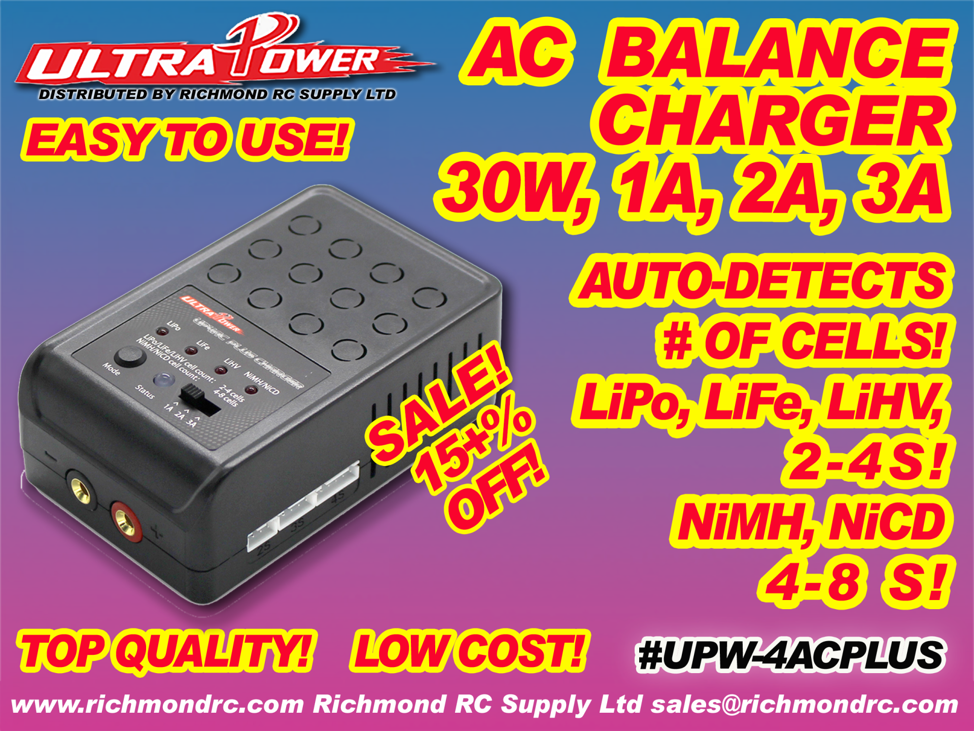 ULTRA POWER CHARGER - AC, 30W, 1A 2A 3A w/LED  [120211]
